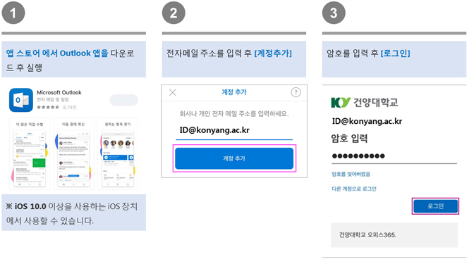 1.앱 스토어에서 Outlook 앱 다운로드 후 실행, 2. 전자메일 주소 입력 후 계정추가 클릭, 3. 암호 입력후 로그인버튼 클릭, ※iOS 10.0이상 사용자 장치만 사용가능